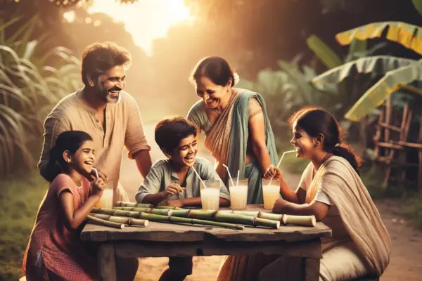indian family enjoying sugarcane juice